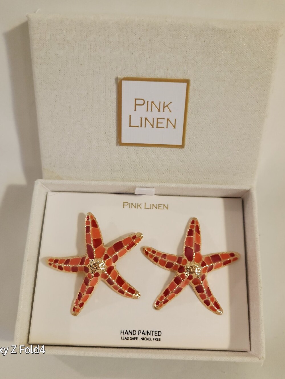 Pink Linen Gold-Tone Orange Starfish Earrings
